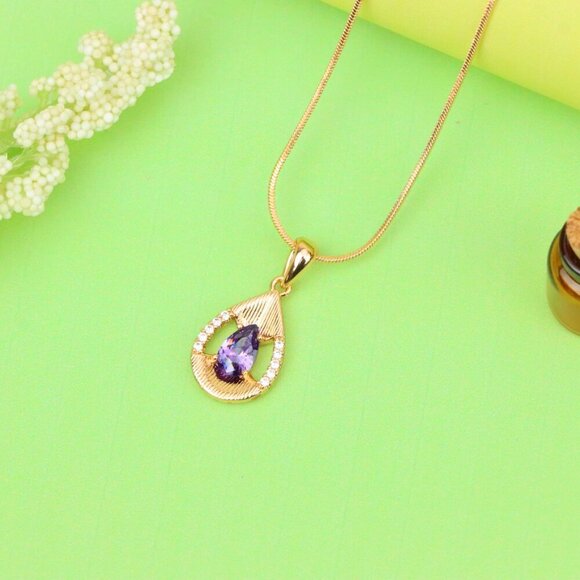 "Teardrop Purple Pendant with Dazzling Accents in Gold Finish, XPPT1690 - Picture 2 of 13